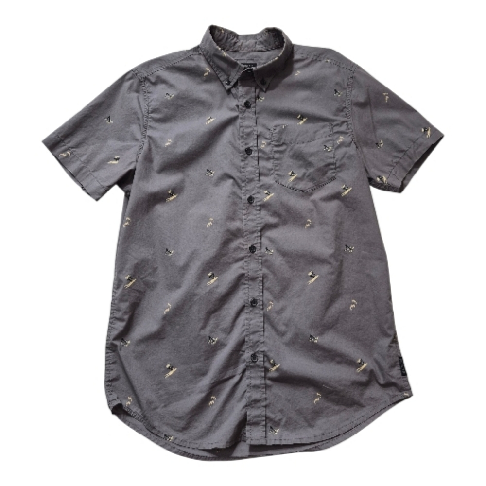 Prana Shirt Short Sleeve Button Front Island Palm Tree Shark Print Mens Sz Small